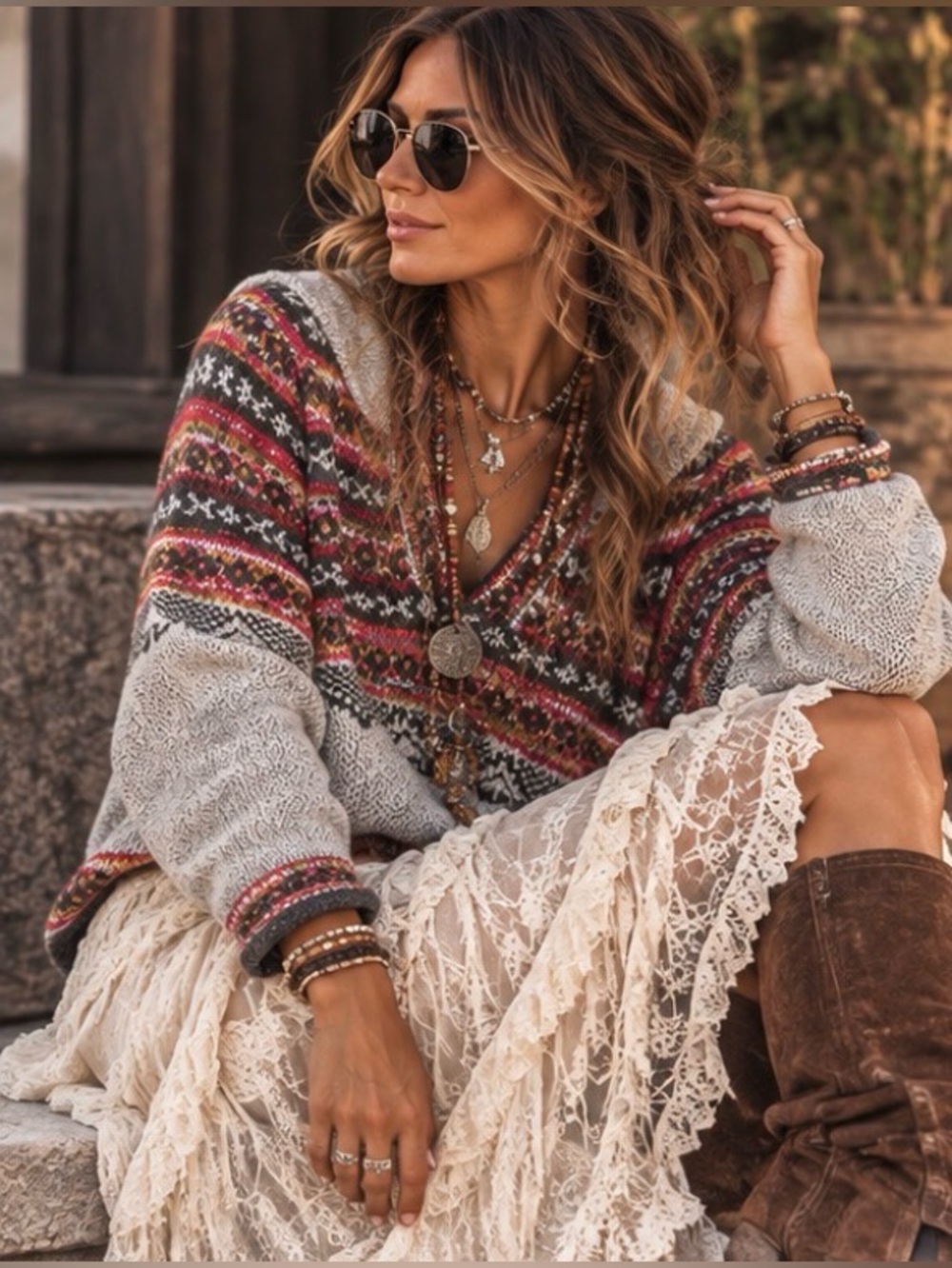 NorthStyle Fair Isle V-Neck Sweater in Gray with Red and Pink Accents